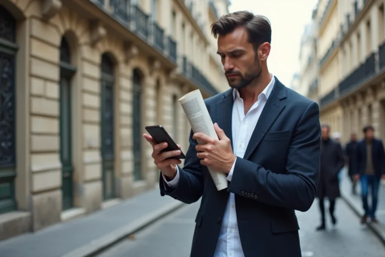 Homme parisien consultant son téléphone devant un immeuble haussmannien, symbolisant l'actualité française au quotidien