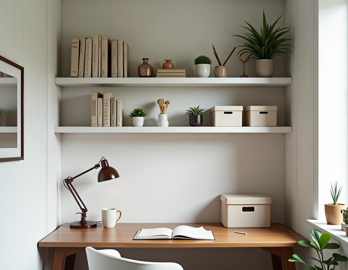 Coin bureau aménagé dans une alcôve avec étagères flottantes, plantes succulentes, boîtes de rangement en lin et bureau en bois compact