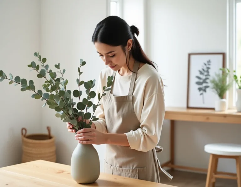 Femme arrangeant des branches d'eucalyptus dans un vase en céramique sur une console en chêne dans un salon de style scandinave