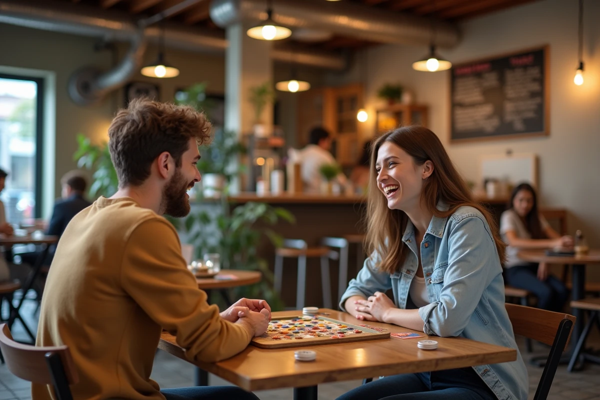 Deux amis jouant à un jeu de société dans un café chaleureux, riant et partageant un moment de détente