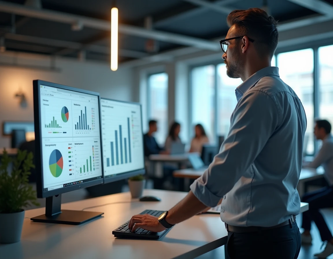 Responsable commercial analysant des tableaux de bord de vente BtoB et BtoC sur deux écrans dans un bureau moderne en open space