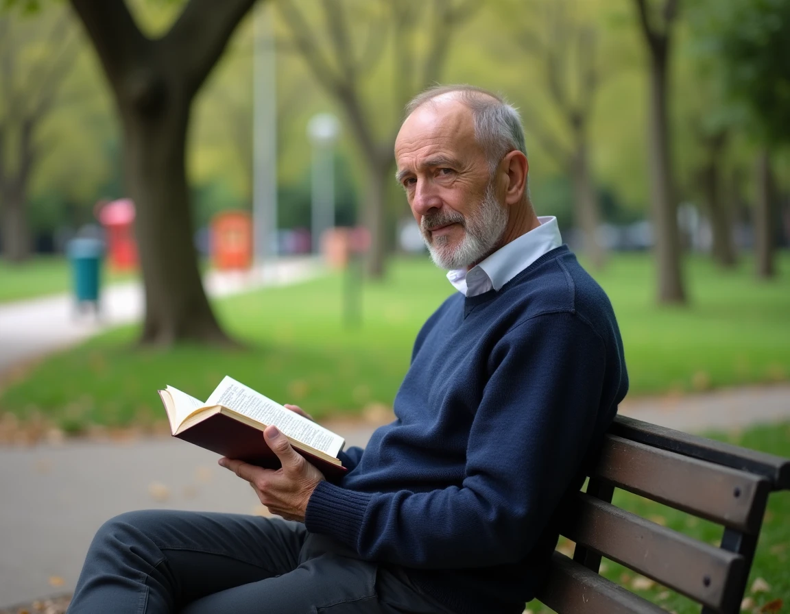 Homme d'âge mûr lisant tranquillement sur un banc dans un parc verdoyant de Bagneux illustrant la qualité de vie résidentielle