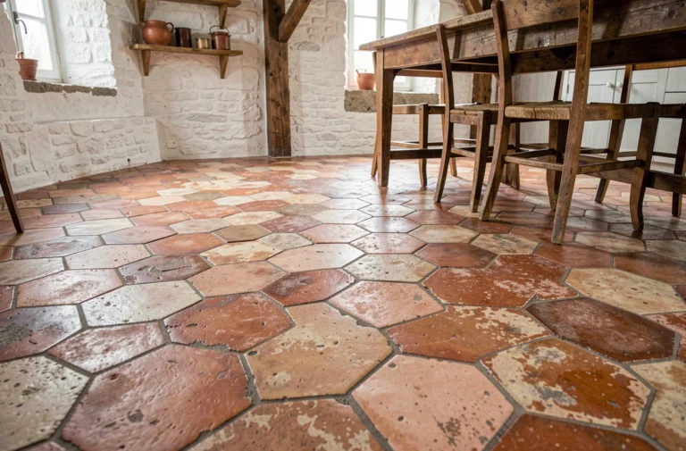 Sol en carrelage tomette hexagonal traditionnel en terre cuite dans une cuisine de mas provençal avec patine naturelle et table en bois rustique