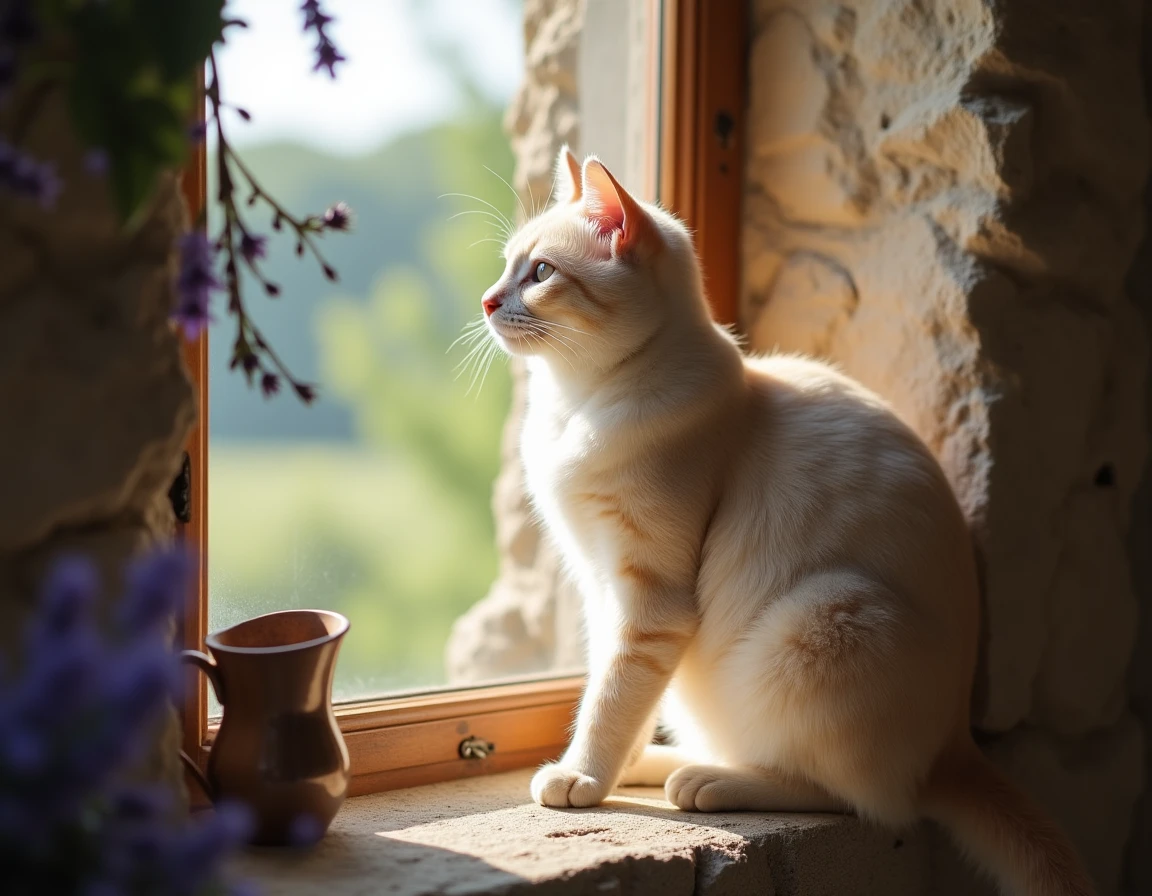Chat beige clair posé sur le rebord d'une fenêtre en pierre dans une maison de campagne française, illustrant les croyances populaires européennes sur les chats porte-bonheur