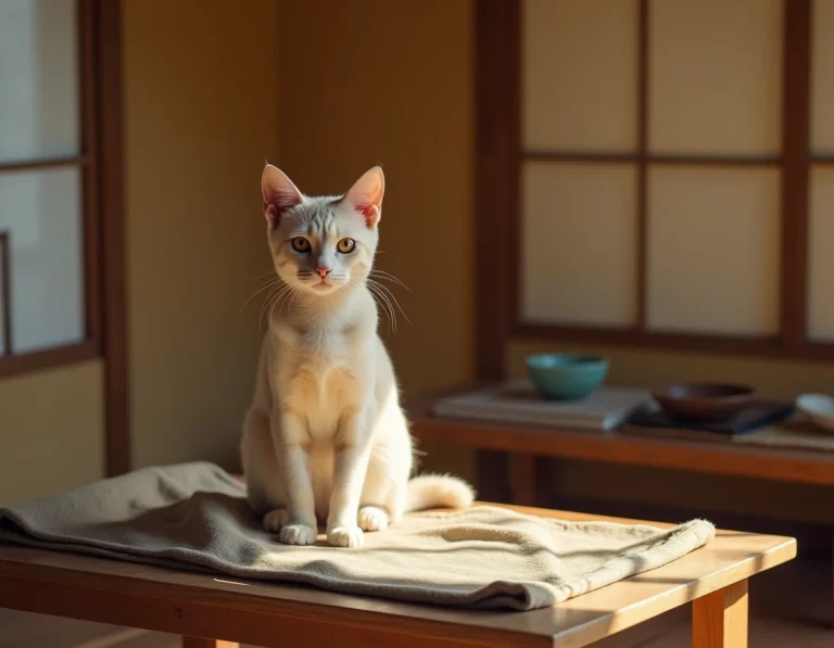Chat beige clair assis sur une table en bois dans une pièce de style japonais, symbolisant la sagesse et la sérénité dans la culture asiatique