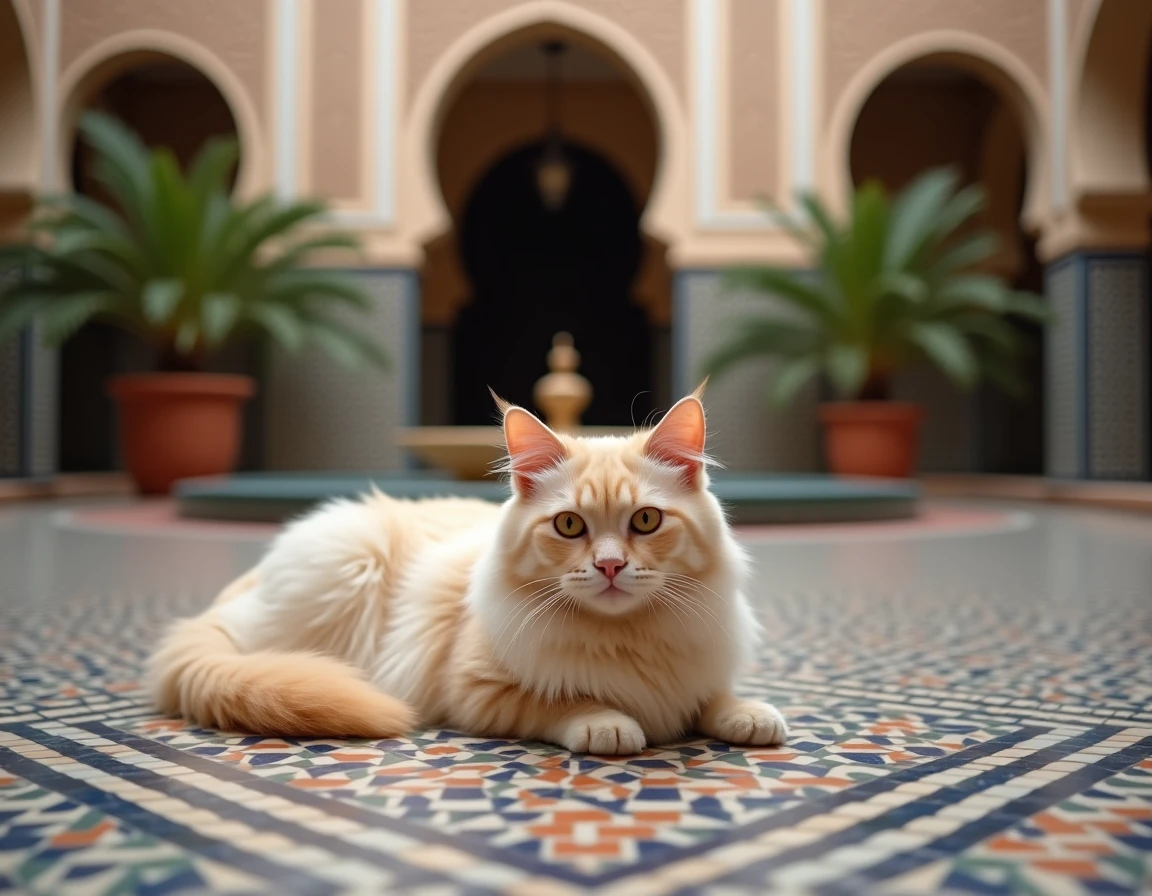 Chat beige aux poils longs allongé sur un carrelage marocain coloré dans un riad, évoquant la symbolique protectrice du chat dans la culture nord-africaine