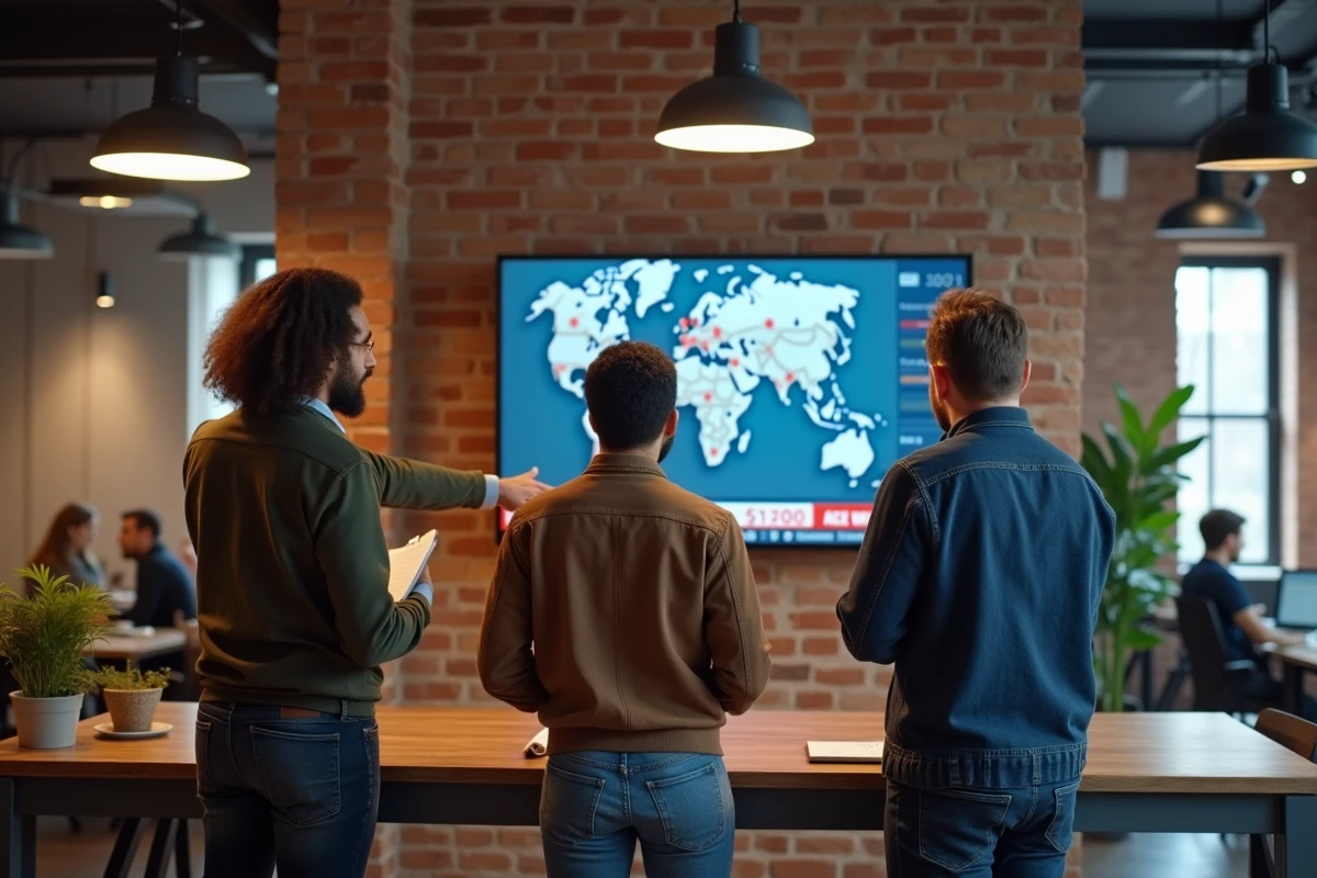 Groupe de collègues discutant des actualités internationales en direct devant un écran dans un espace de coworking contemporain