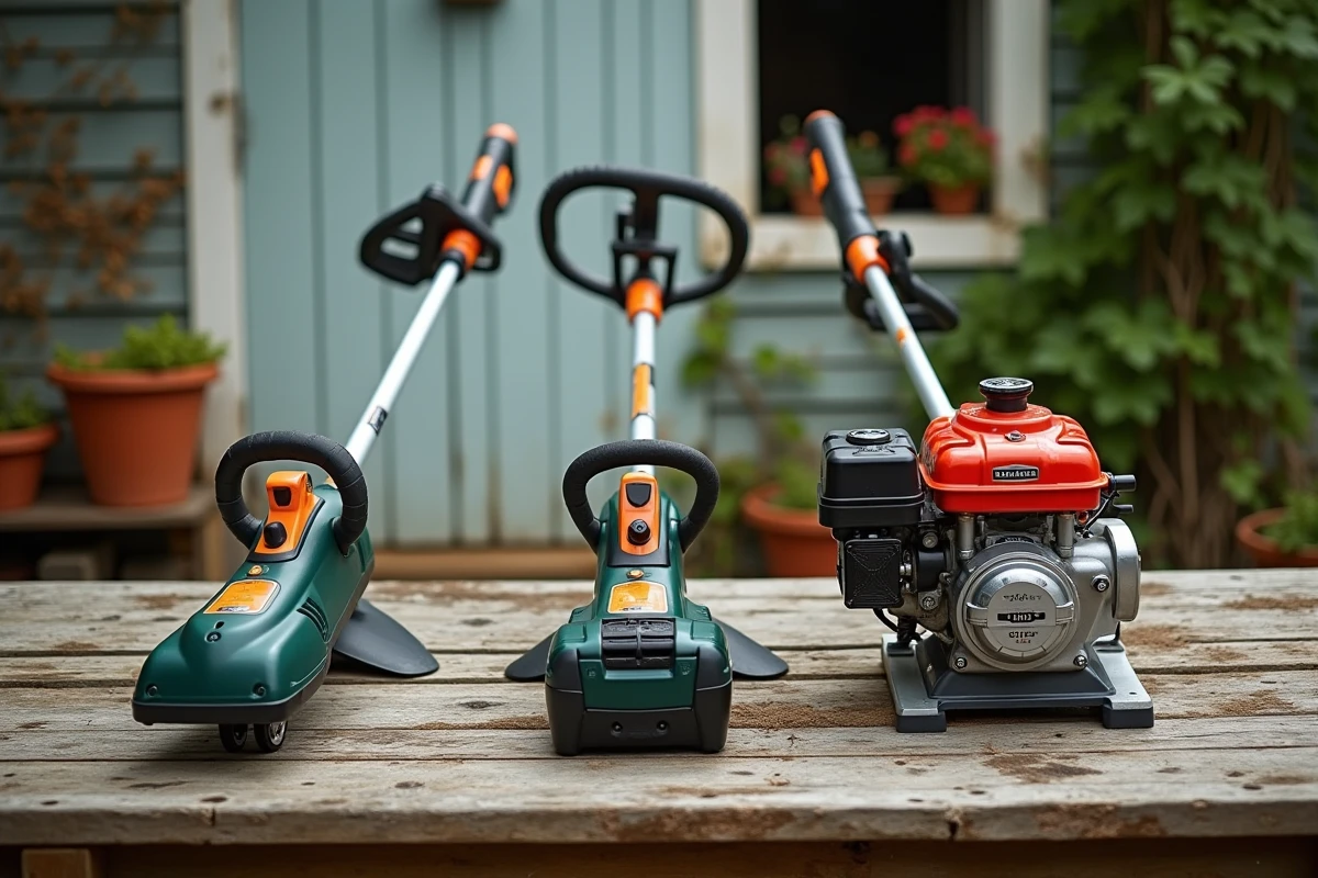 Comparaison de trois types de coupe-bordures posés sur un établi de jardin en bois, modèles électrique, sans fil et thermique