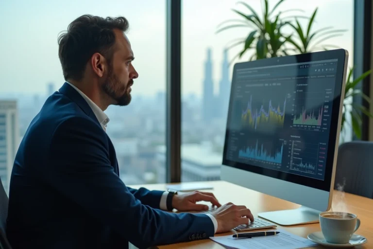 Homme d'affaires analysant des graphiques financiers sur un écran dans un bureau moderne pour optimiser ses investissements en 2024
