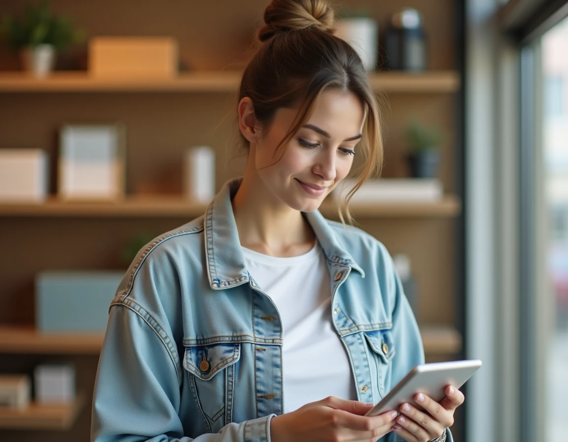 Jeune femme consultant une tablette dans un magasin de détail moderne, illustrant l'expérience d'achat BtoC du consommateur final