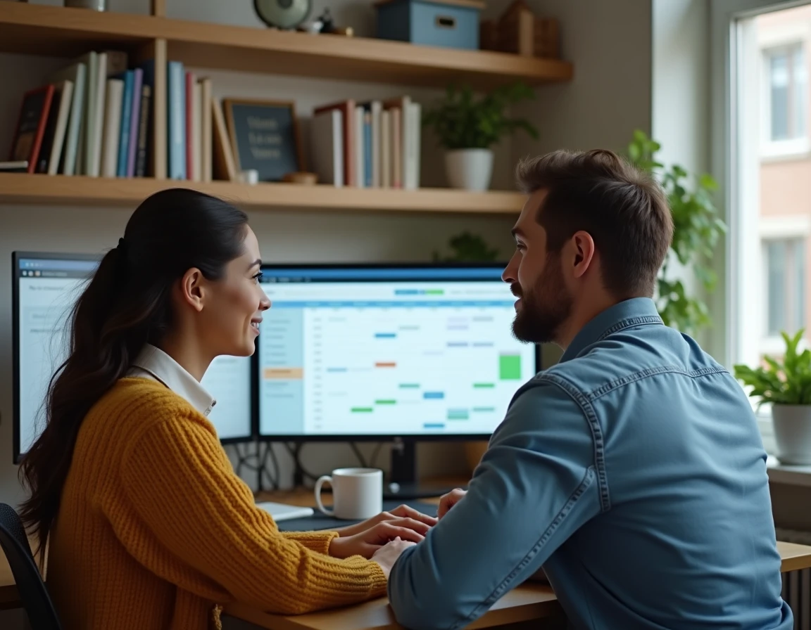 Couple planifiant les finances et l'organisation familiale ensemble devant un ordinateur à l'aide de services numériques