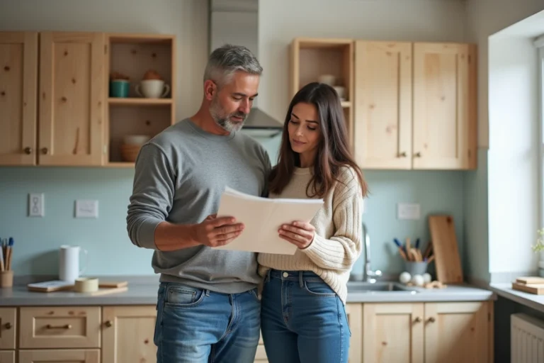 Un couple regardant un guide de bricolage dans une cuisine rénovée