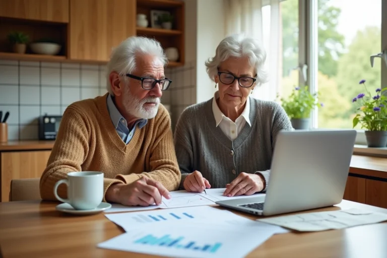 Couple de retraités examinant leurs documents de placement retraite à la table de cuisine