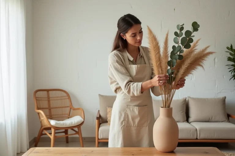 Femme arrangeant des fleurs séchées dans un vase en céramique dans un salon à la décoration naturelle et épurée
