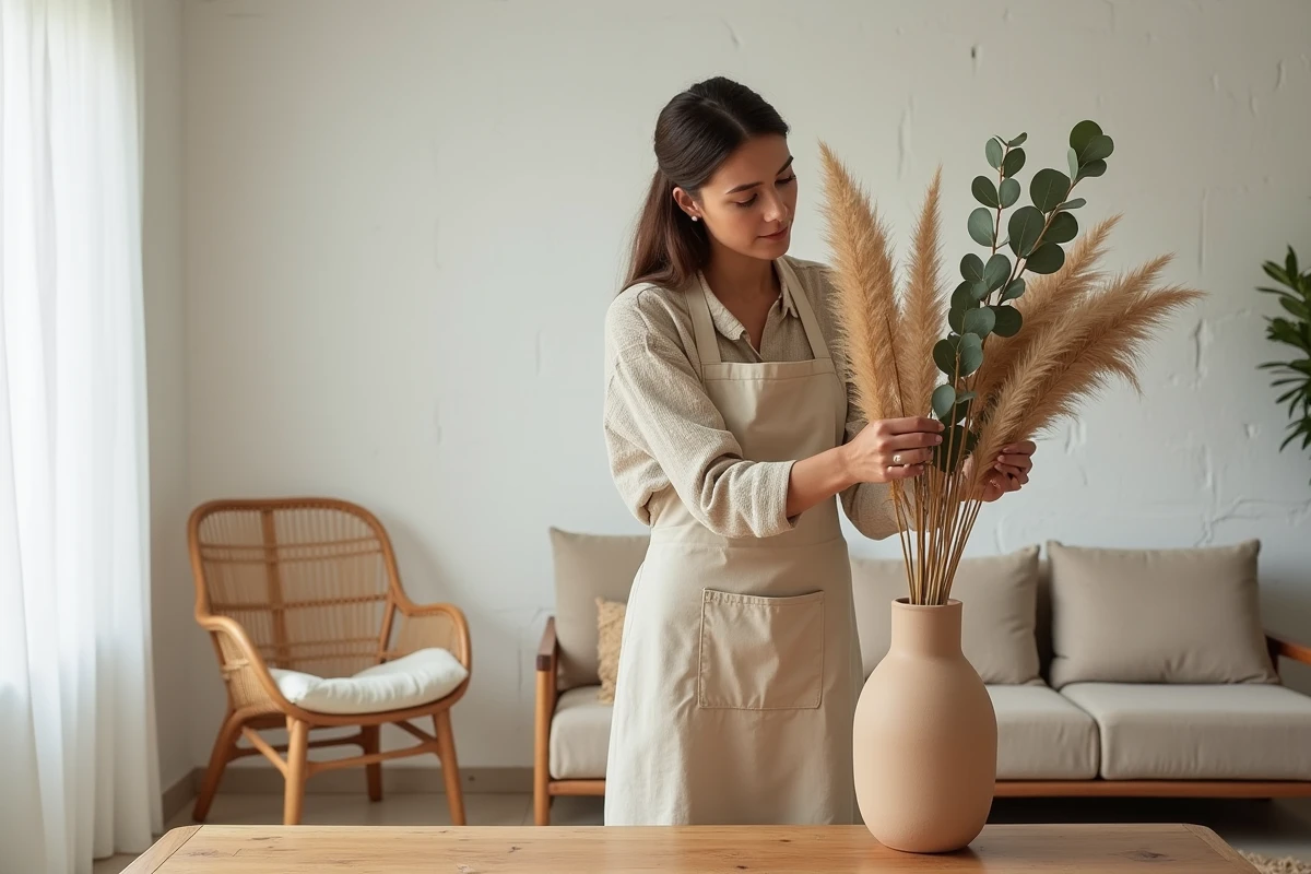Femme arrangeant des fleurs séchées dans un vase en céramique dans un salon à la décoration naturelle et épurée