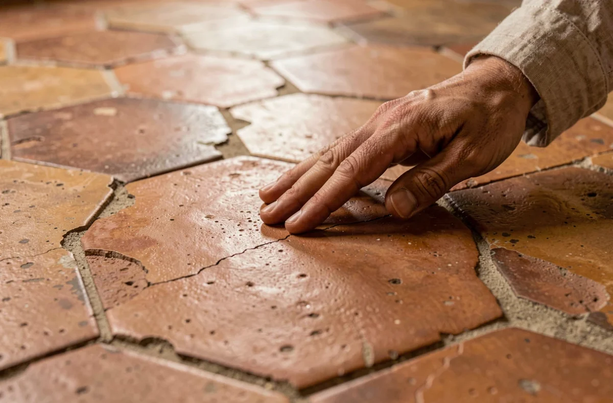 Gros plan sur des tomettes anciennes en terre cuite hexagonales avec patine et usure naturelle, détail de texture et fissures authentiques