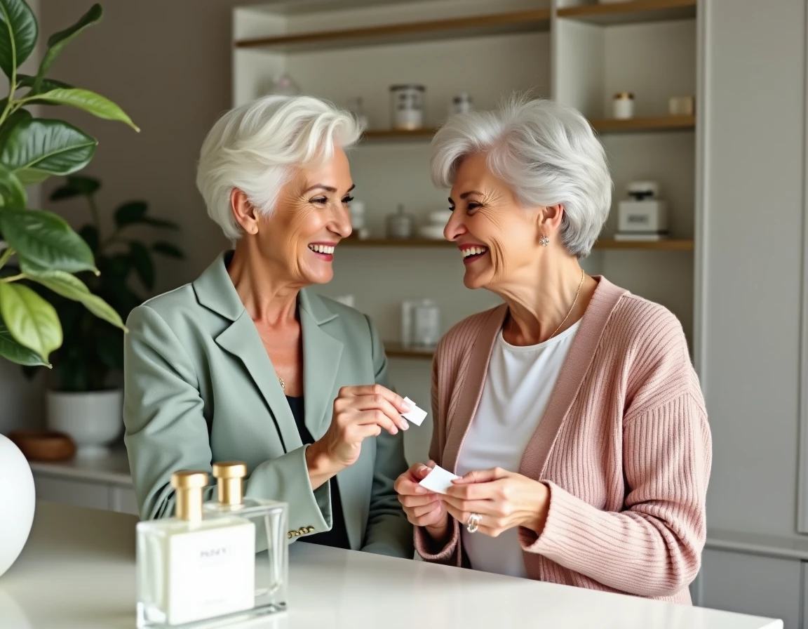 Deux femmes élégantes de plus de 70 ans testant des parfums ensemble dans une boutique moderne