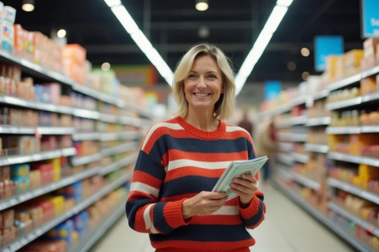 Femme tenant un pull marinière Armor Lux et un carnet de vignettes Intermarché dans un supermarché
