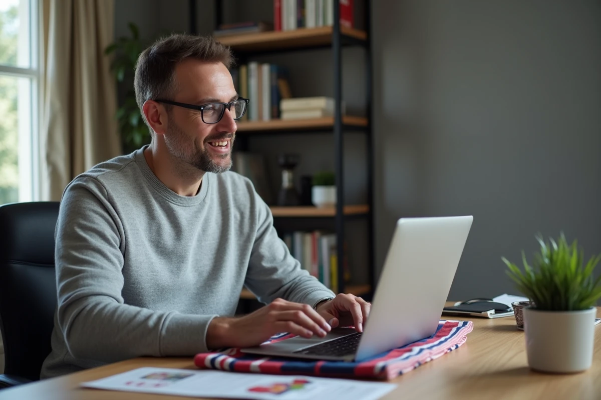 Homme consultant les économies du programme de vignettes Intermarché pour Armor Lux sur son ordinateur portable