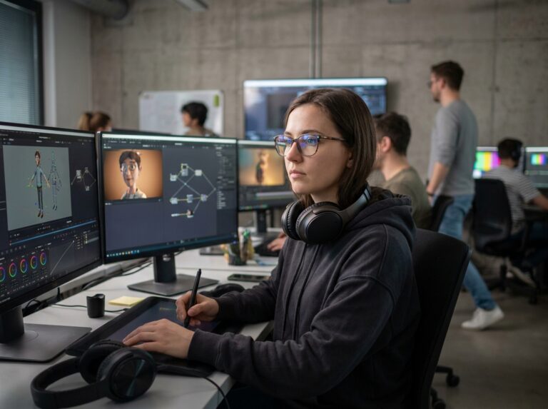 Étudiante en animation 3D travaillant sur un logiciel de VFX dans un studio d'école spécialisée