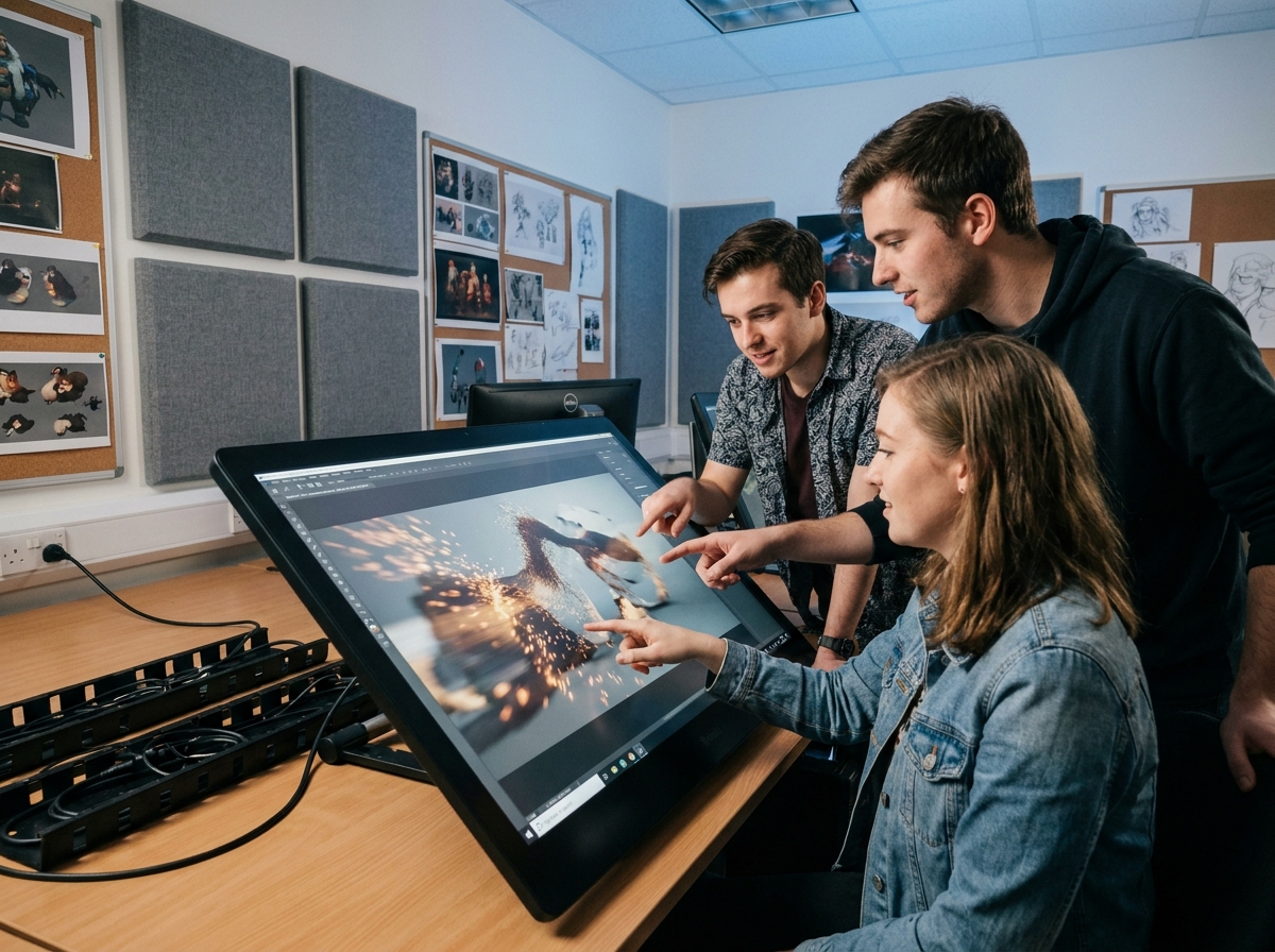 Groupe d'étudiants en VFX analysant un rendu 3D dans une salle de révision d'école spécialisée