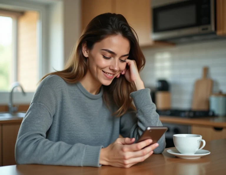 Jeune femme utilisant une application de prêt d'argent en ligne sur son smartphone dans sa cuisine