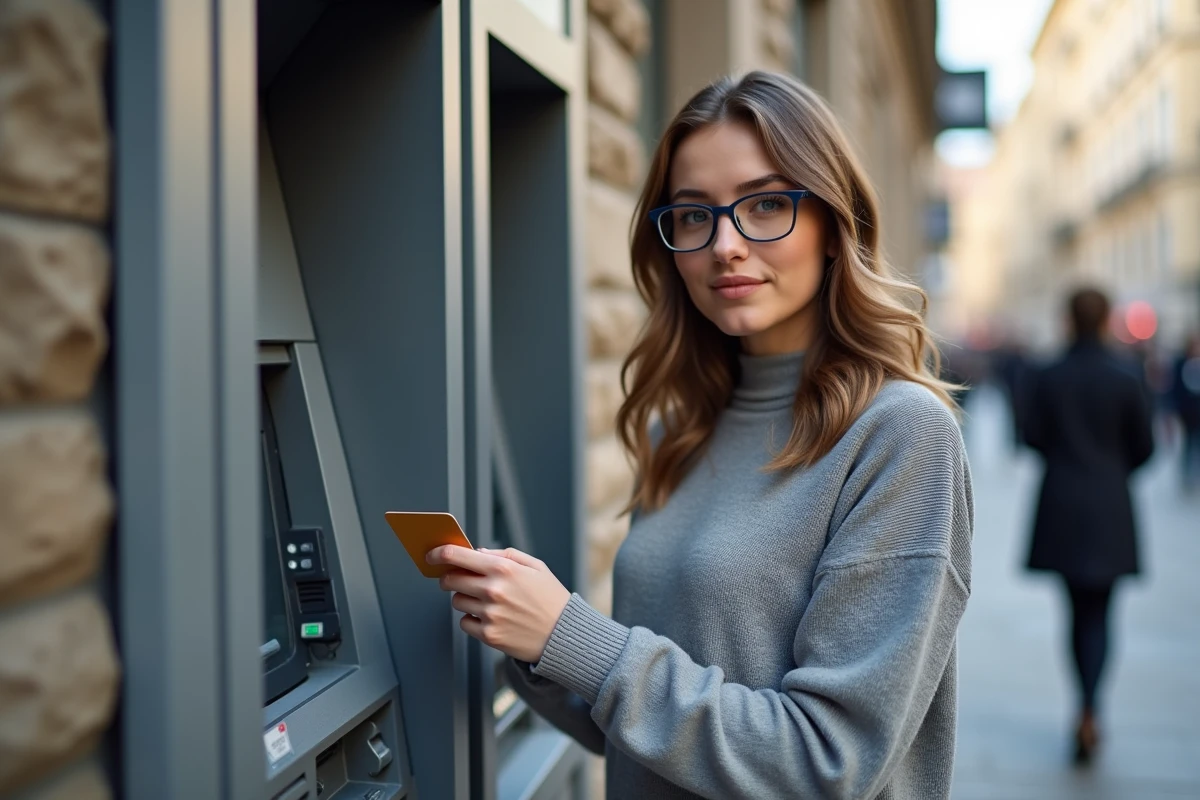 Jeune femme hésitant devant un distributeur automatique en ville
