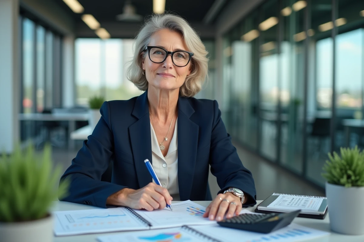Femme cadre en fin de carrière analysant ses options de retraite avec des graphiques financiers sur son bureau