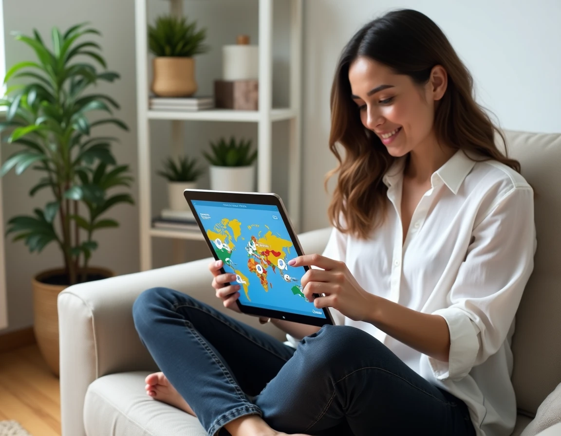 Femme explorant une carte interactive des actualités sur une tablette depuis son espace de travail à domicile