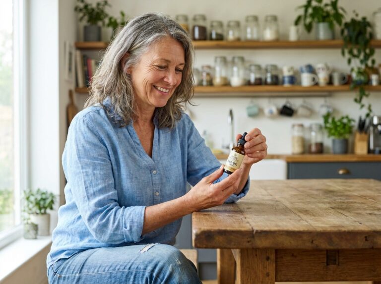 Femme lisant une bouteille d'huile de CBD dans une cuisine moderne