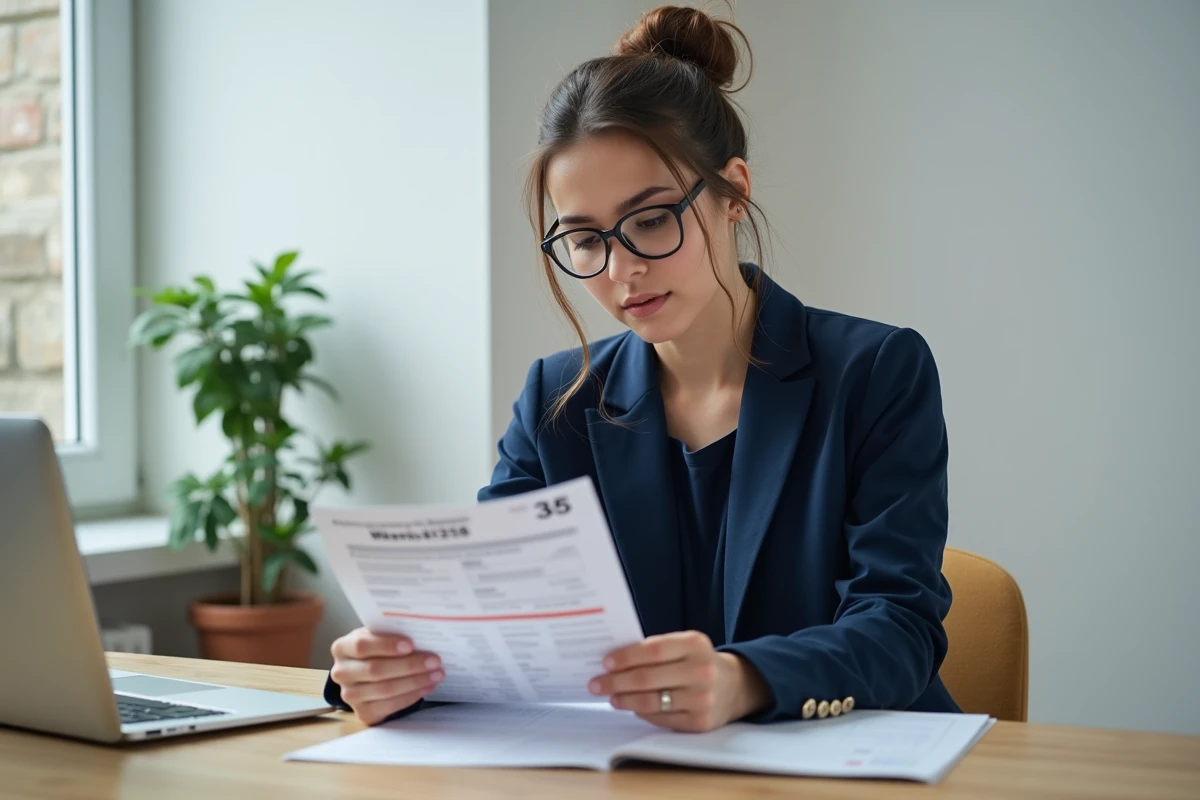Femme en blazer bleu marine examinant un document bancaire avec un code IBAN dans un bureau moderne