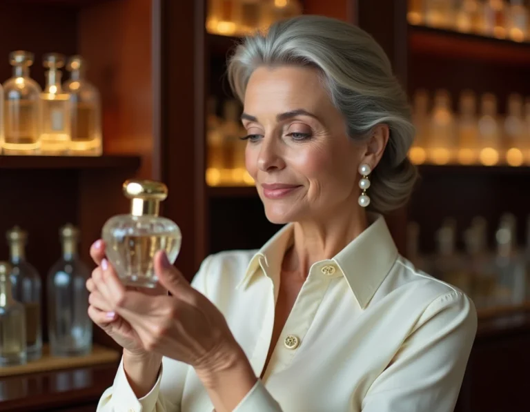 Femme élégante de plus de 70 ans tenant un flacon de parfum dans une parfumerie parisienne raffinée