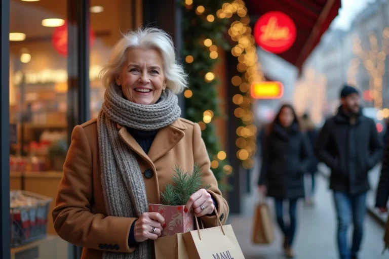Femme souriante avec sac de courses devant supermarche