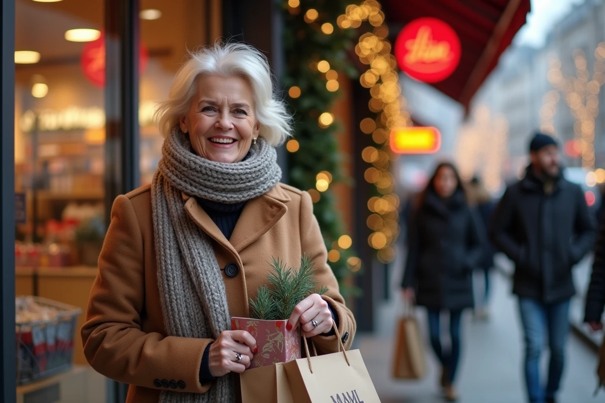 Femme souriante avec sac de courses devant supermarche