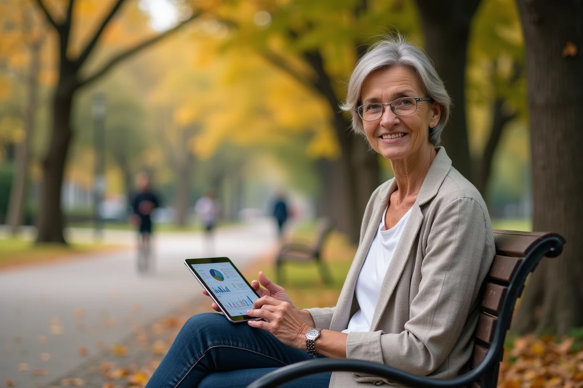 Femme mature consultant une application de placement retraite sur tablette dans un parc en automne