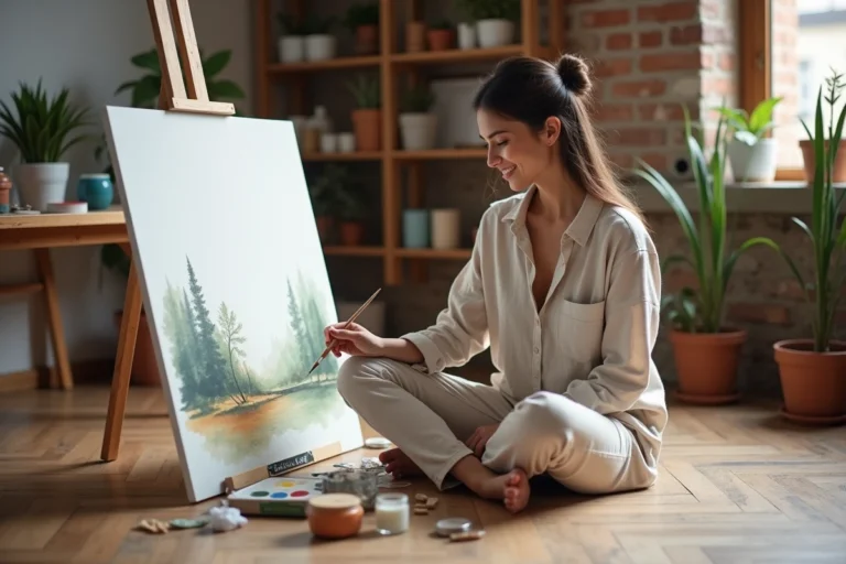Femme adulte peignant une aquarelle dans un studio artistique en appartement, entourée de pinceaux et de pots de couleur