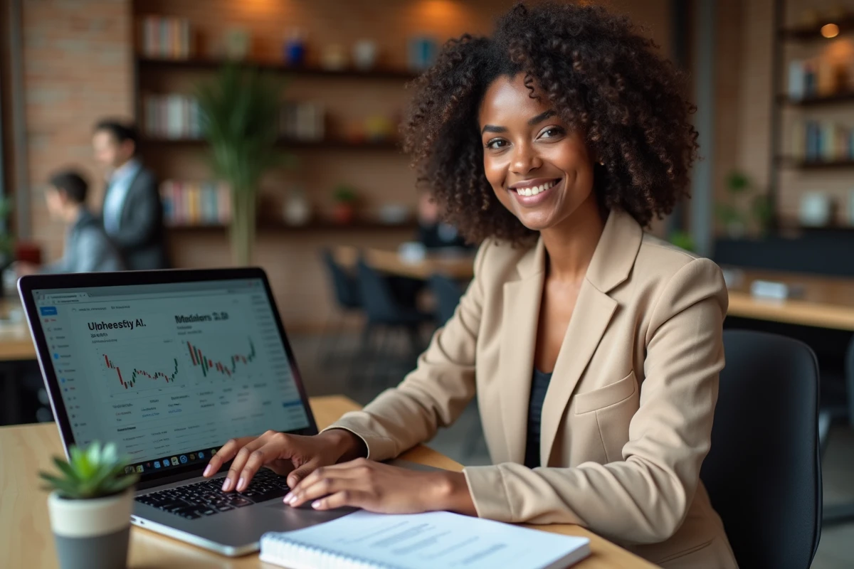 Femme professionnelle travaillant sur sa stratégie d'investissement sur ordinateur portable dans un espace de coworking contemporain