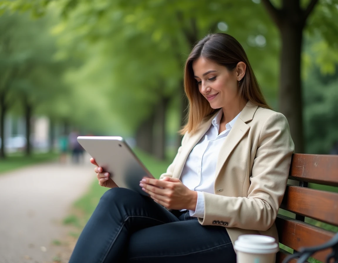 Femme utilisant une tablette pour souscrire un prêt en ligne rapide sans justificatif dans un parc urbain