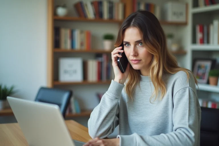 Femme contactant le service client Cdiscount par téléphone depuis son bureau à domicile