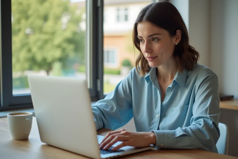 Femme assise à une table de cuisine avec un ordinateur portable