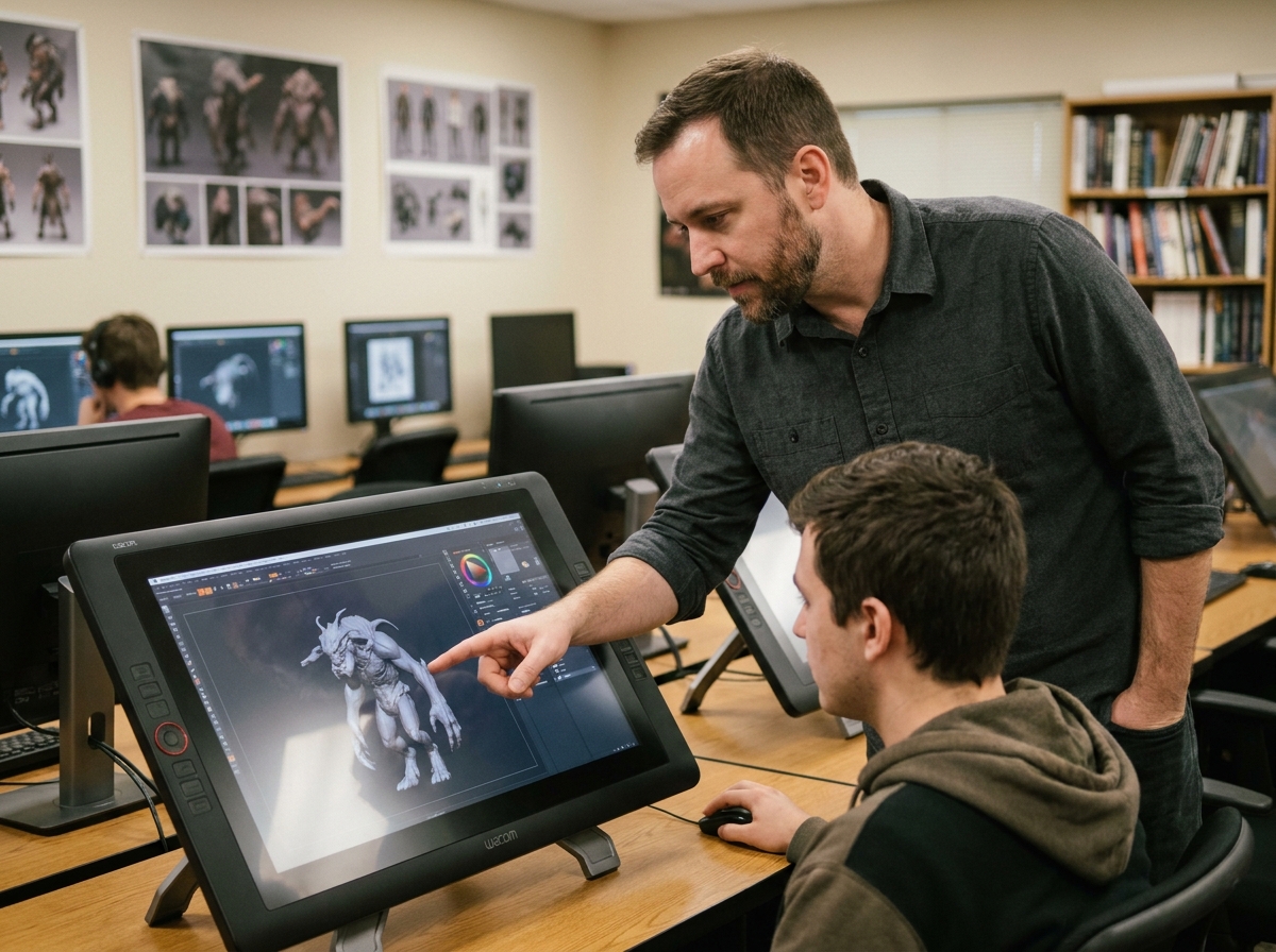 Formateur en animation 3D guidant un étudiant lors d'une session de sculpture numérique en école spécialisée