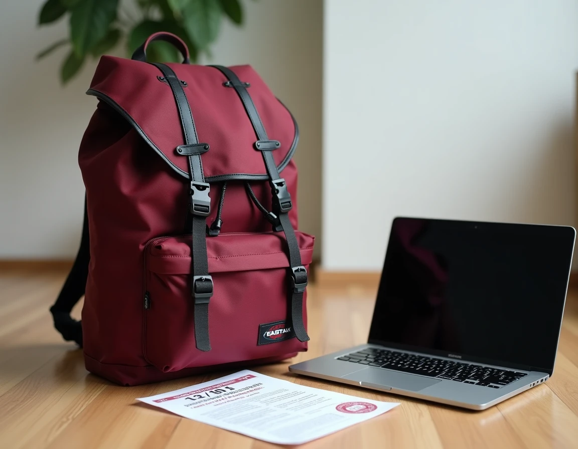 Sac à dos Eastpak usagé posé près d'un document de garantie à vie imprimé sur parquet en bois