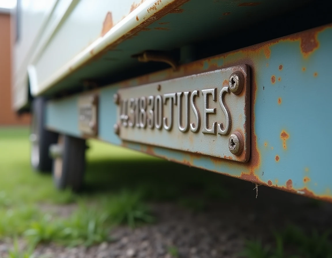 Gros plan sur la plaque d'identification du numéro de châssis métallique d'un mobil-home avec caractères estampillés et marques d'usure