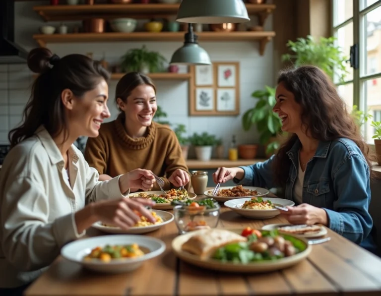 Groupe de voyageurs partageant un repas convivial dans une maison d'hébergement solidaire
