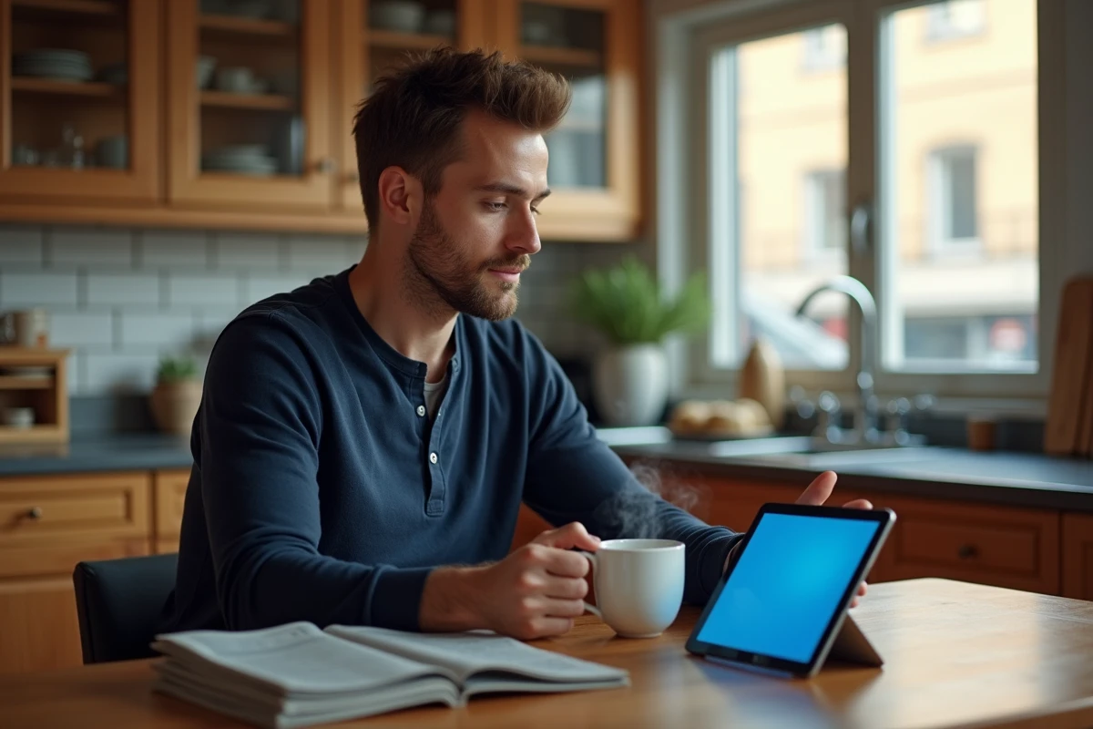 Homme lisant les dernières actualités nationales et internationales sur une tablette numérique lors de son moment café matinal