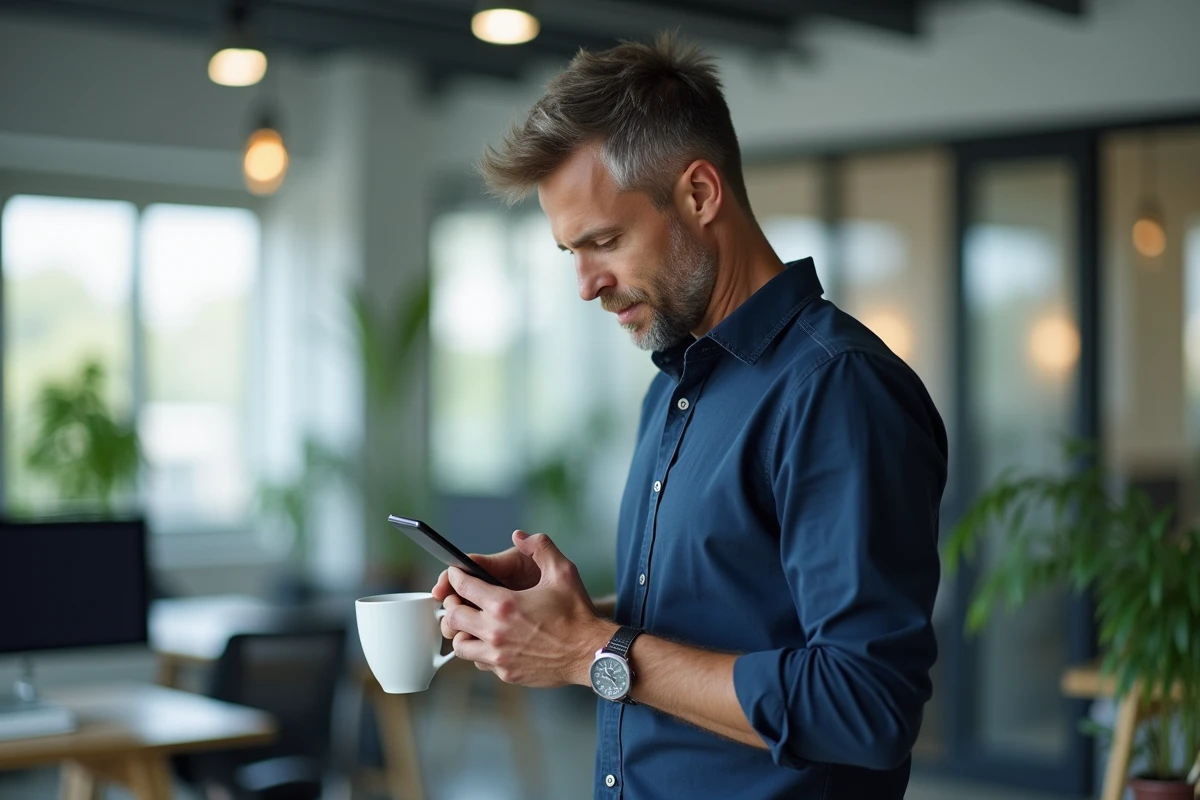 Homme en bureau composant le numéro du service client Cdiscount sur son téléphone