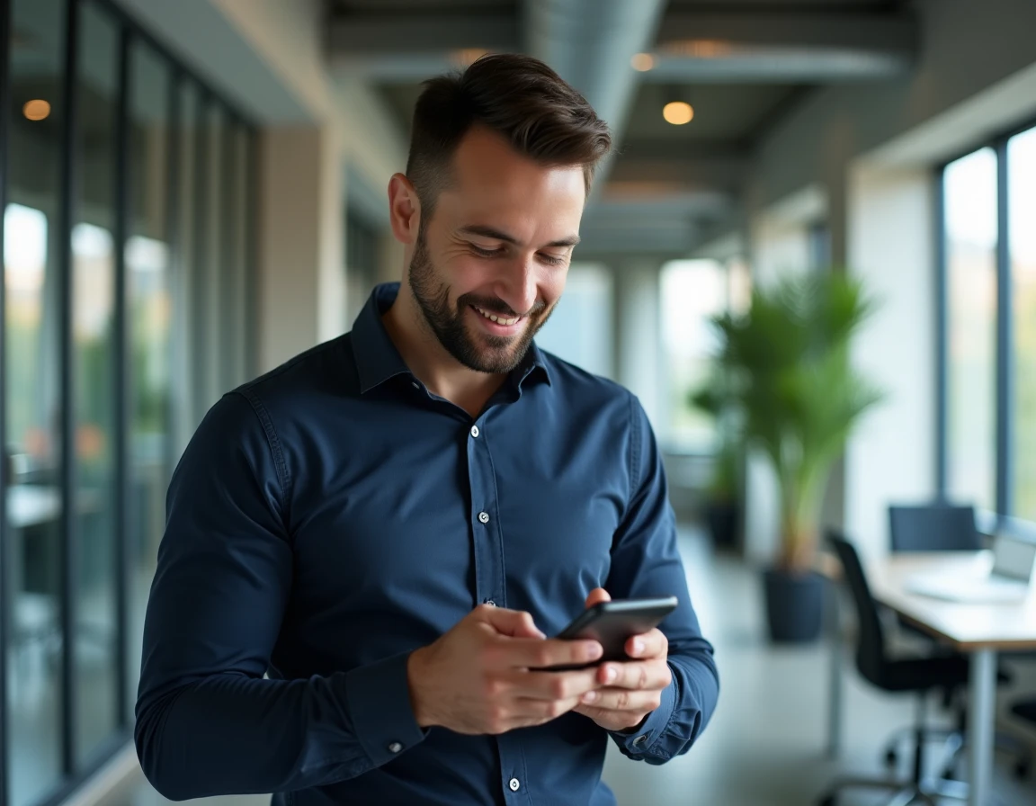 Homme en chemise bleue consultant une application de prêt rapide sans justificatif sur son téléphone au bureau