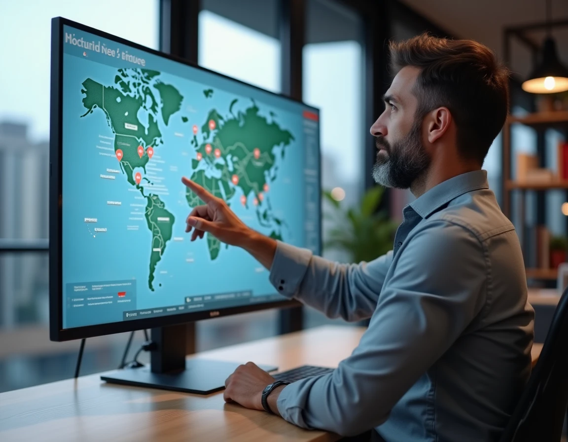 Homme consultant une carte interactive des actualités sur un grand écran tactile dans un bureau médiatique
