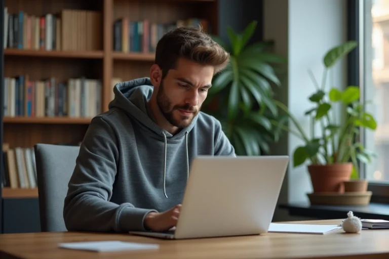 Homme décontracté travaillant sur son ordinateur dans un appartement