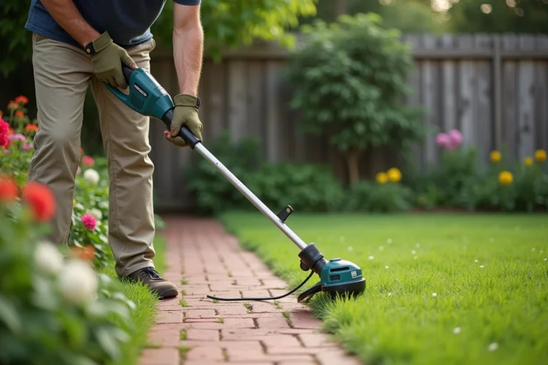 Homme utilisant un coupe-bordure électrique pour délimiter les bords d'une allée en brique dans un jardin bien entretenu